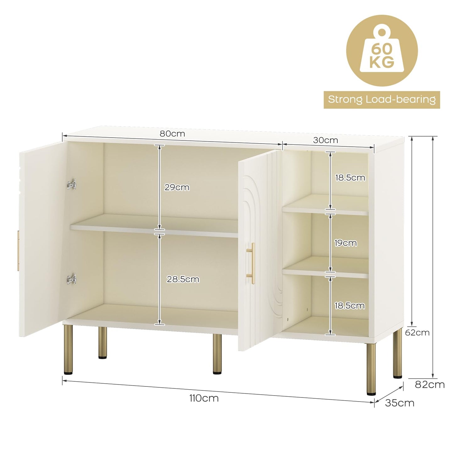 DAWNYIELD Sideboard with Curved Texture, Cream White, 110x35x82 cm