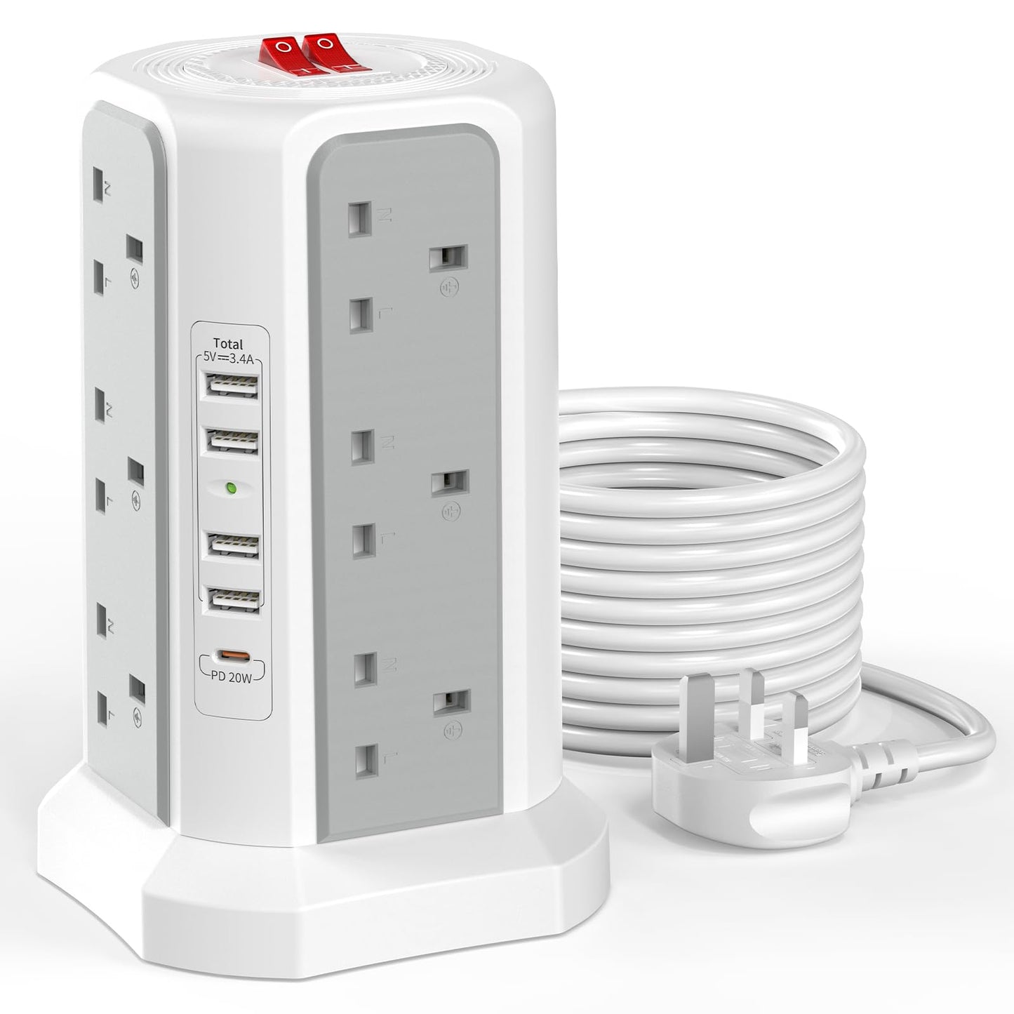 Tower Extension Lead 5M with USB Slots and PD 20W USB C Fast Charger, (13A 3250W) 12 Way Surge Protected Extension Tower 5 USB Ports, Extension Cable