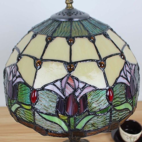 Bieye L30020 Tulip Flower Tiffany Style Stained Glass Table Lamp Night Light with 12 Inches Wide Handmade Lamp Shade Metal Base for Bedside Bedroom Living Room, 18 inches Tall, Red Green…
