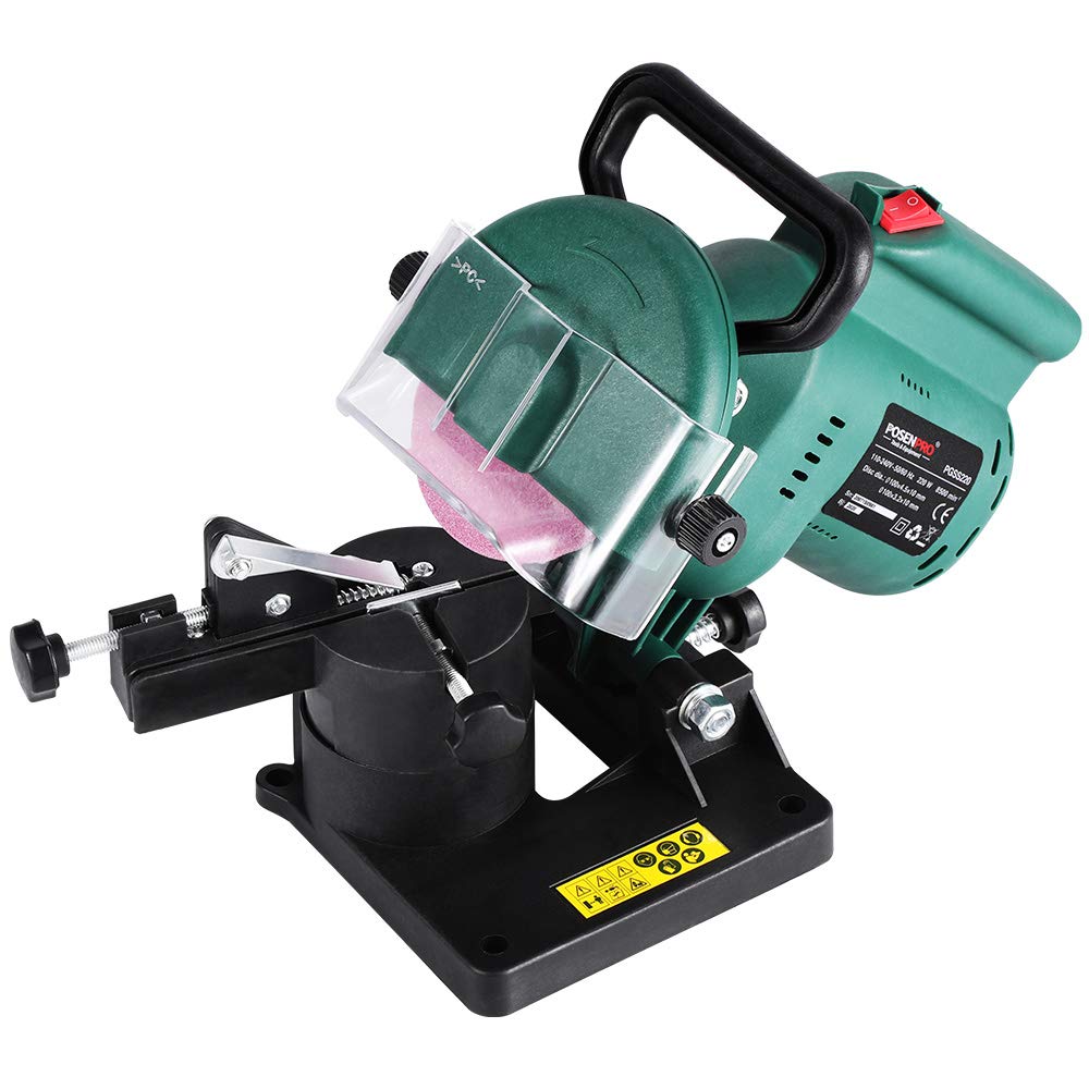 POSENPRO 220W Corded Electric Chainsaw Sharpener Grinder Work with a Grind Angle of 35? Left to Right, 100MM Grinding Wheel Included