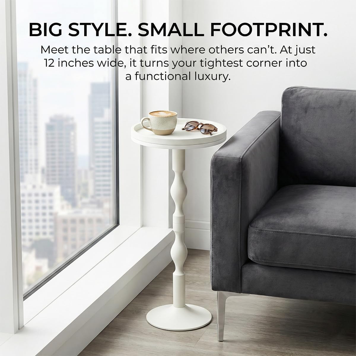 ZEXVIDA Small Round Drink Table,Pedestal Tables,Small Round Side Table for Narrow Spaces,End Table for Living Room, Bedroom, Bathroom,Balcony (White)