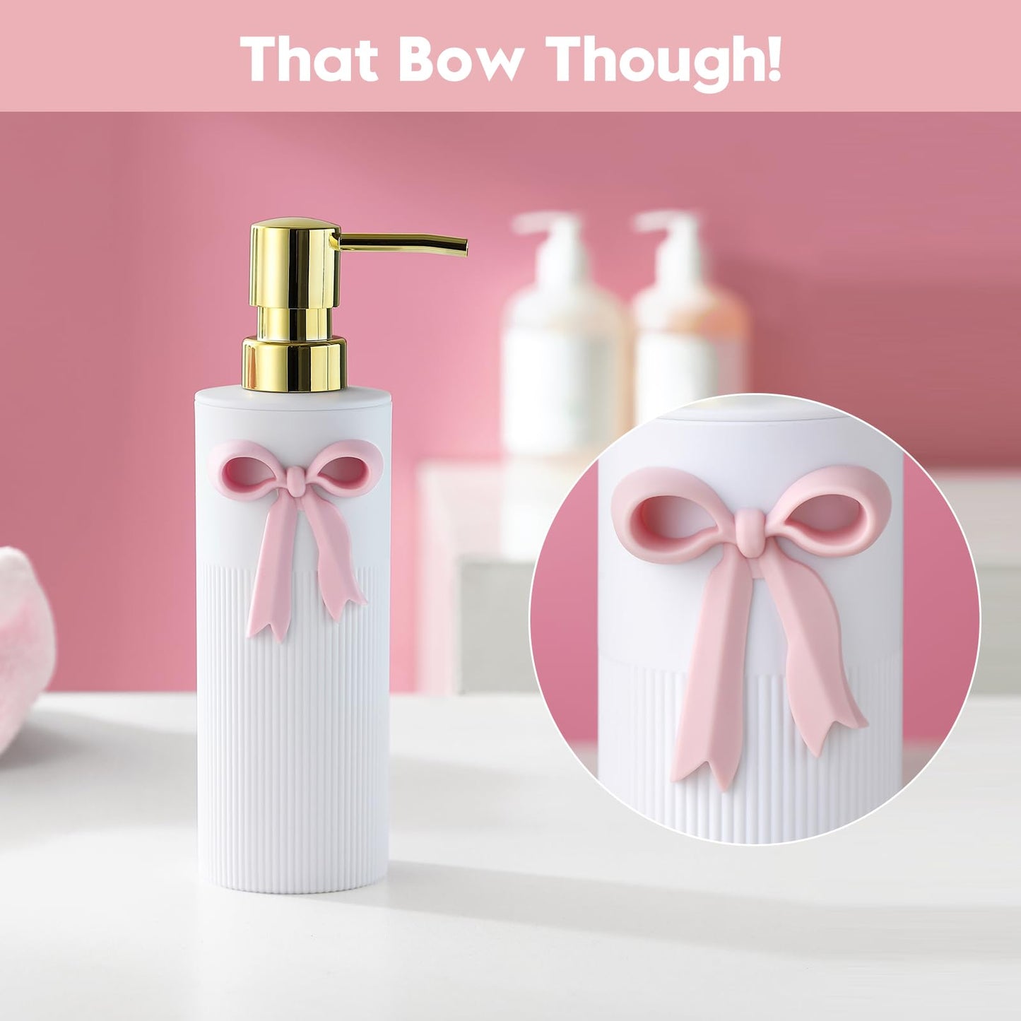 White Soap Dispenser with Decorative Pink Bow Hand Soap Dispenser for Sink