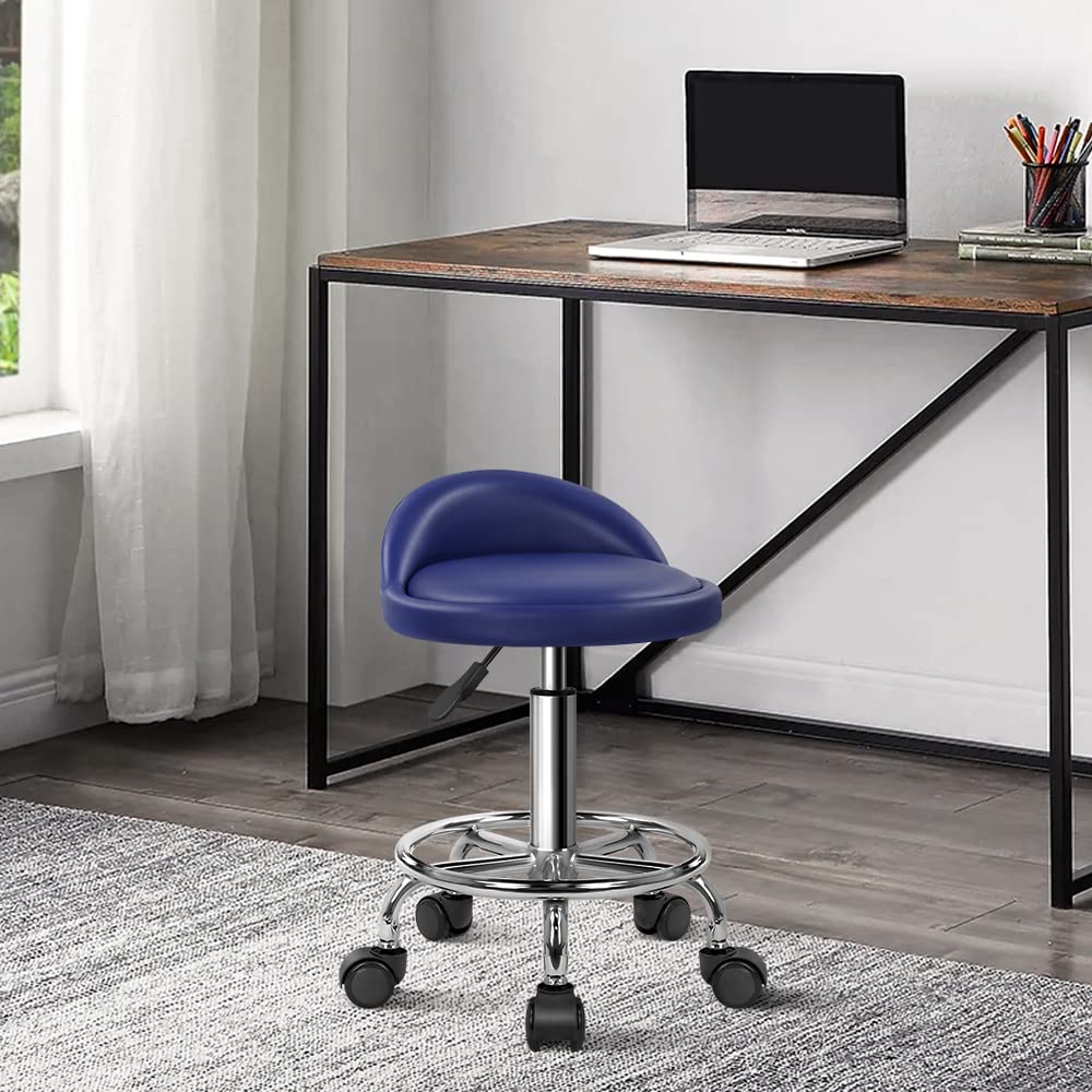 KKTONER PU Leather Round Rolling Stool with Foot Rest Height Adjustable Swivel Drafting Work SPA Task Chair with Wheels (Blue)