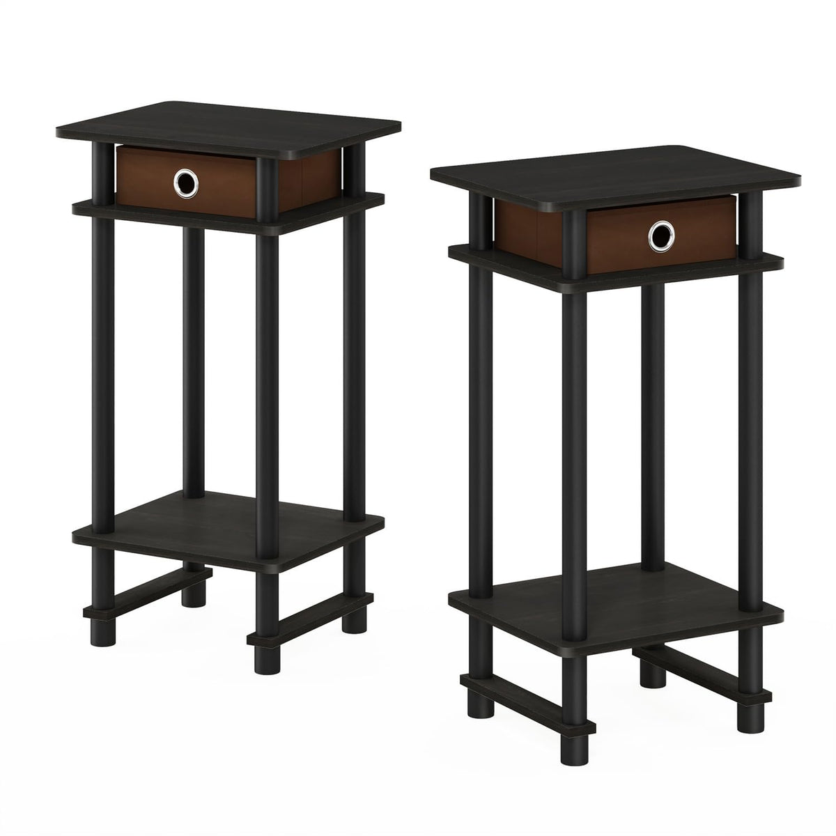 Furinno TURN-N-TUBE Night Stand Set of 2, 3-Tier Open Shelf Design Nightstand with Storage Bin, Tall Bedside Table, End Table, Side Table
