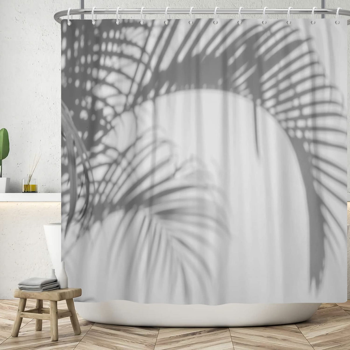 Bovlleetd 71x79in Grey Shower Curtain - Palm Leaf Tree Shadow Bathroom Art Deco Curtain with Hooks