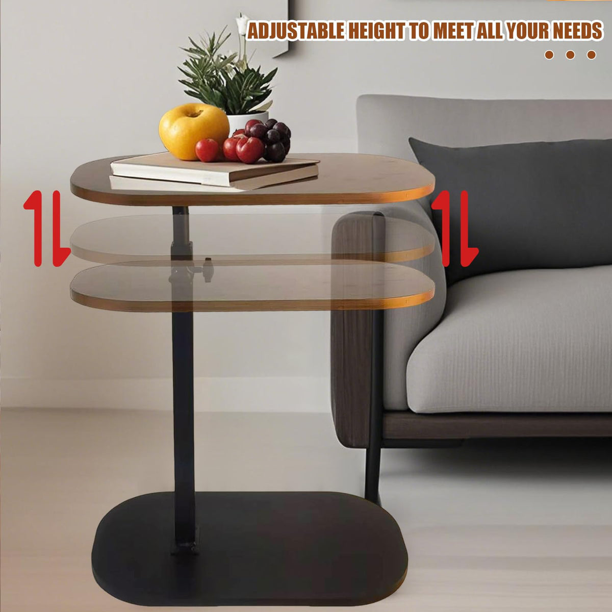 YASHIIN C Shaped Side Table,Adjustable Height, TV Tray Rotating Sofa End Table, Walnut Wood Modern Design, for Living Room and Bedroom