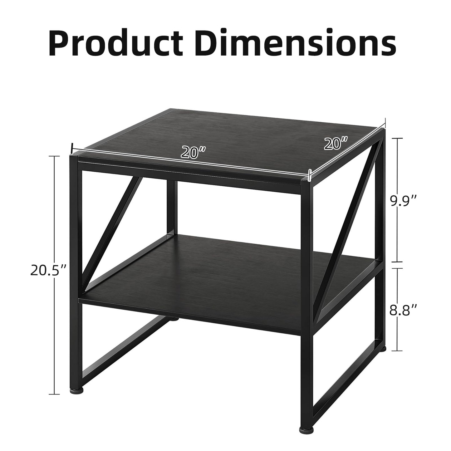 MUTUN 50cm Square End Table, 20 Inch Side Table for Living Room, Bedside Table for Bedroom, Nightstand, Small Table, Black
