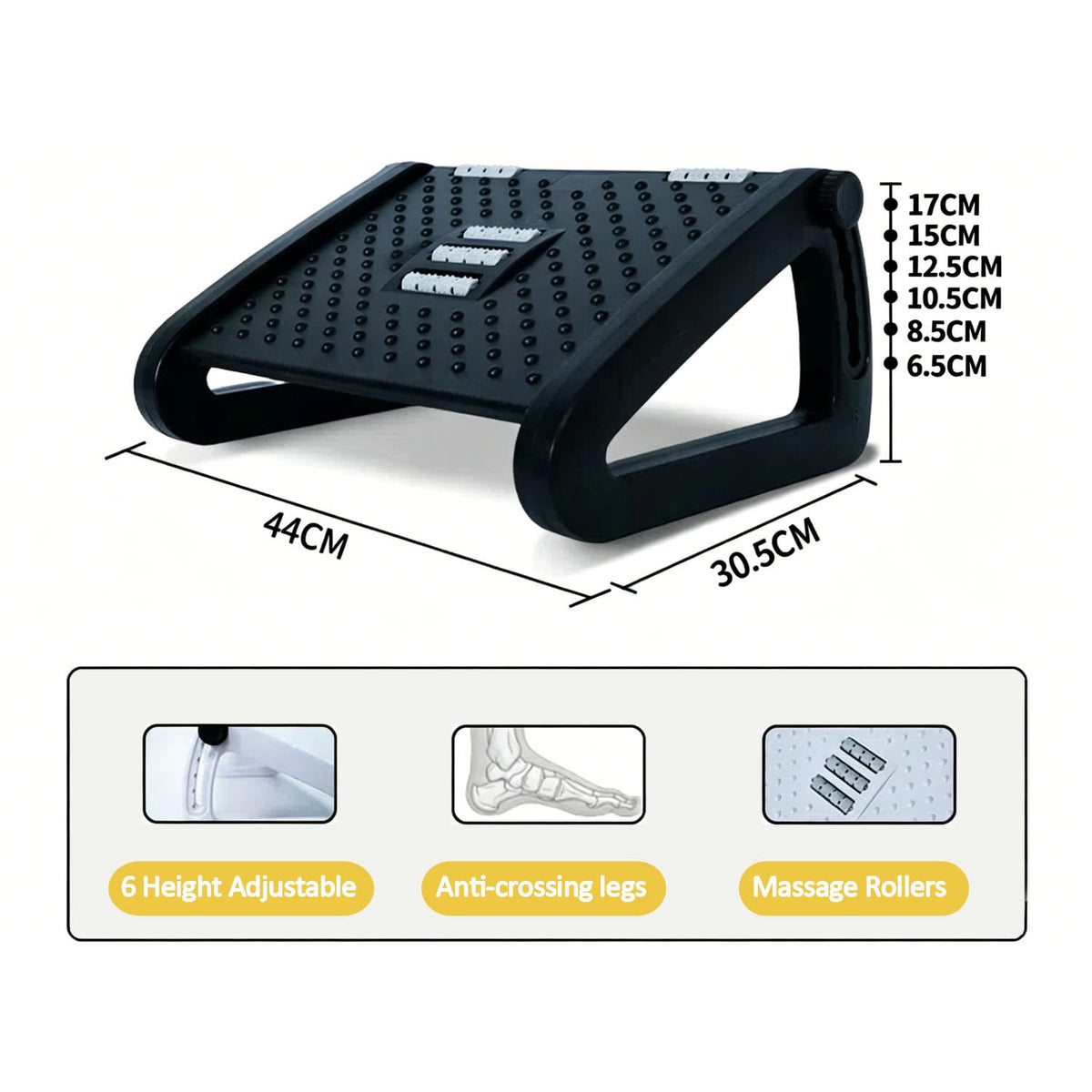 Adjustable Foot Rest Under Desk, 6-Height Adjustable Roll Massage Function