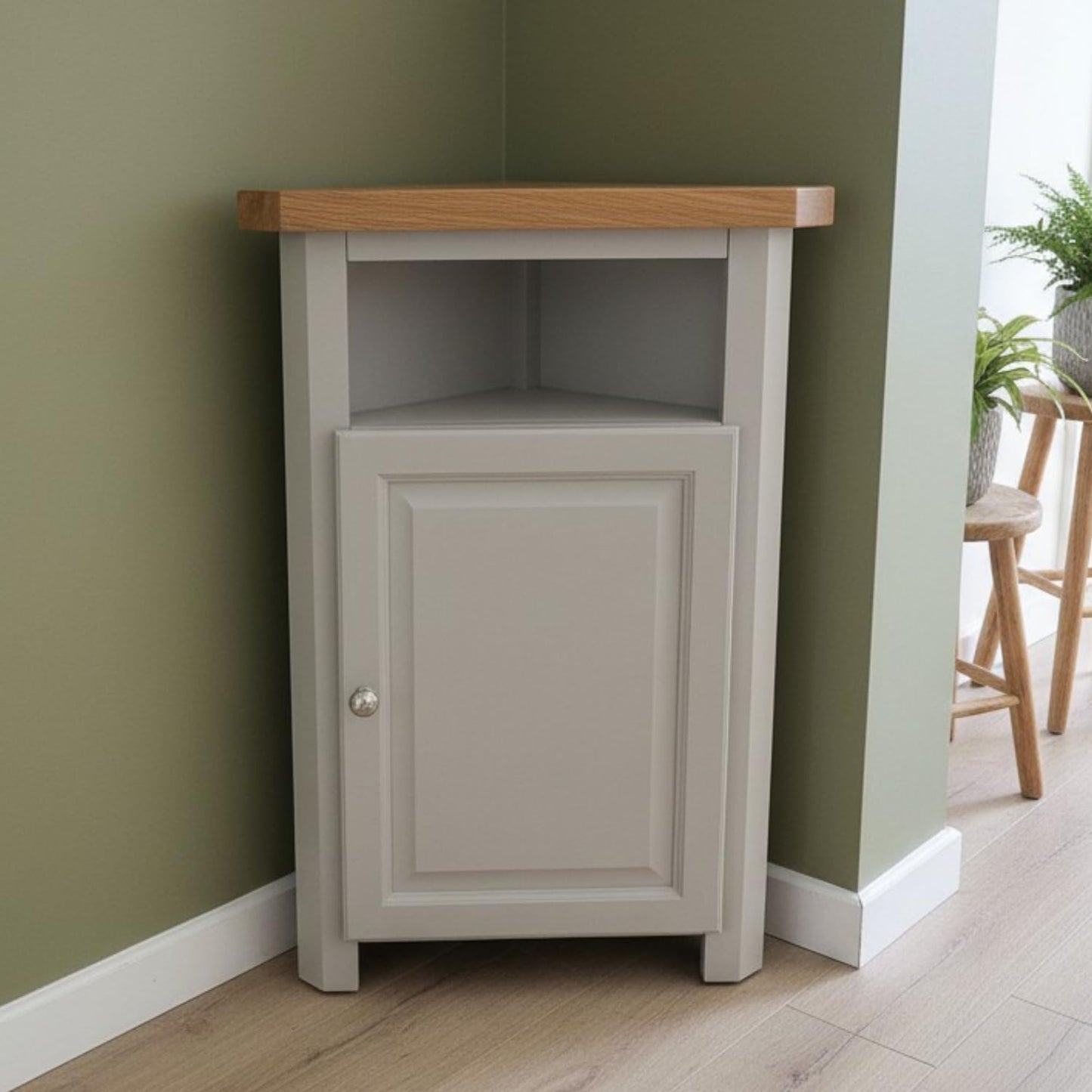 GROFurniture Painted Cashmere Grey Corner Cabinet, Tall Triangle Storage Cuboard for Livingroom, Corner Oak Unit for Livingroom, Bathroom & Hallway