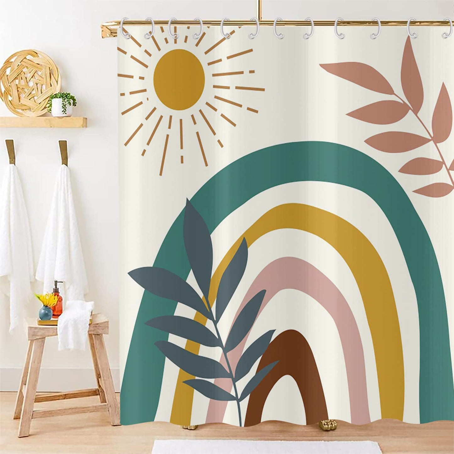 Hnmdmyi Boho Shower Curtain 90x180, Mid Century Abstract Leaf Sun Rainbow Beige Bathroom Curtains Modern Minimalist Geometric Aesthetic Art Waterproof