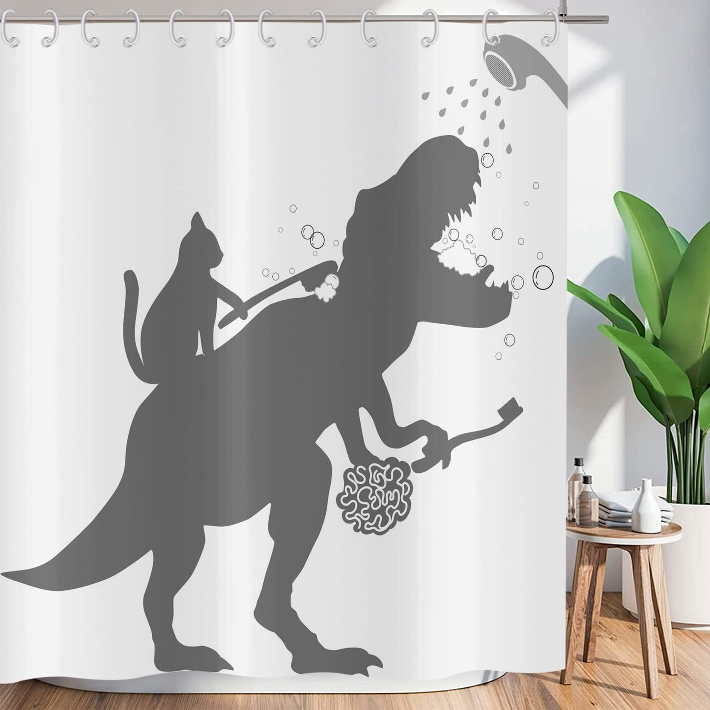ASDCXZ Shower Curtain Funny 150x180 cm, Simplicity Funny Cat Dinosaur White Washable Textile Bathroom Curtains Polyester Fabric Waterproof Shower