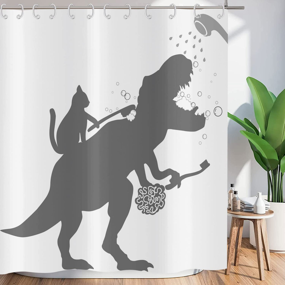 ASDCXZ Shower Curtain Funny 180x200 cm, Simplicity Funny Cat Dinosaur White Washable Textile Bathroom Curtains Polyester Fabric Waterproof Shower