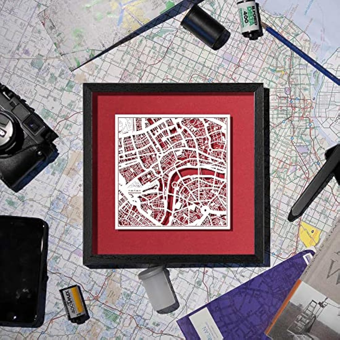 O3 DESIGN STUDIO Birmingham Paper Cut Map framed, White map, Black frame, 23x23 cm, Gift Boxed, 4 background color, self-changing, Paper Art