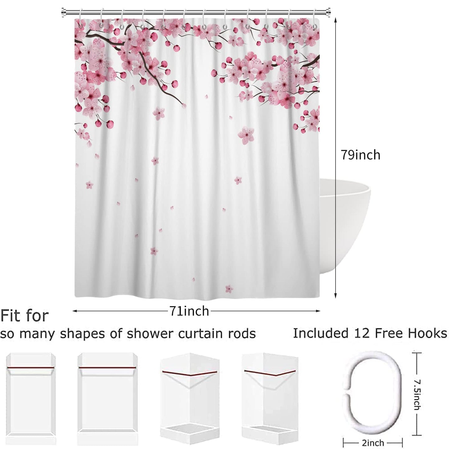 Hnmdmyi Cherry Blossom Shower Curtain 180x200, Pink Floral Shower Curtains Japanese Asian Style Sakura Art Bathroom Curtains with Hooks Waterproof