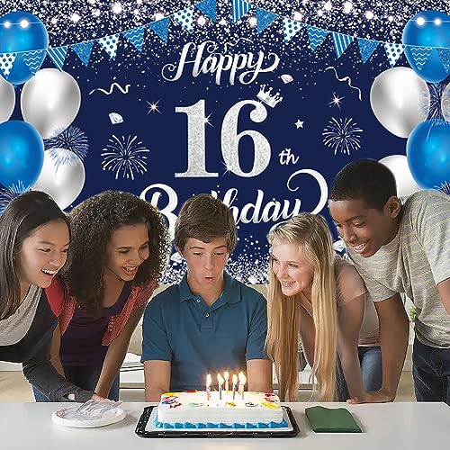 Yontree Happy 16th Birthday Banner - Navy Blue & Silver Birthday Backdrop 1.1 x 1.8m for 16 Years Old Anniversary Party