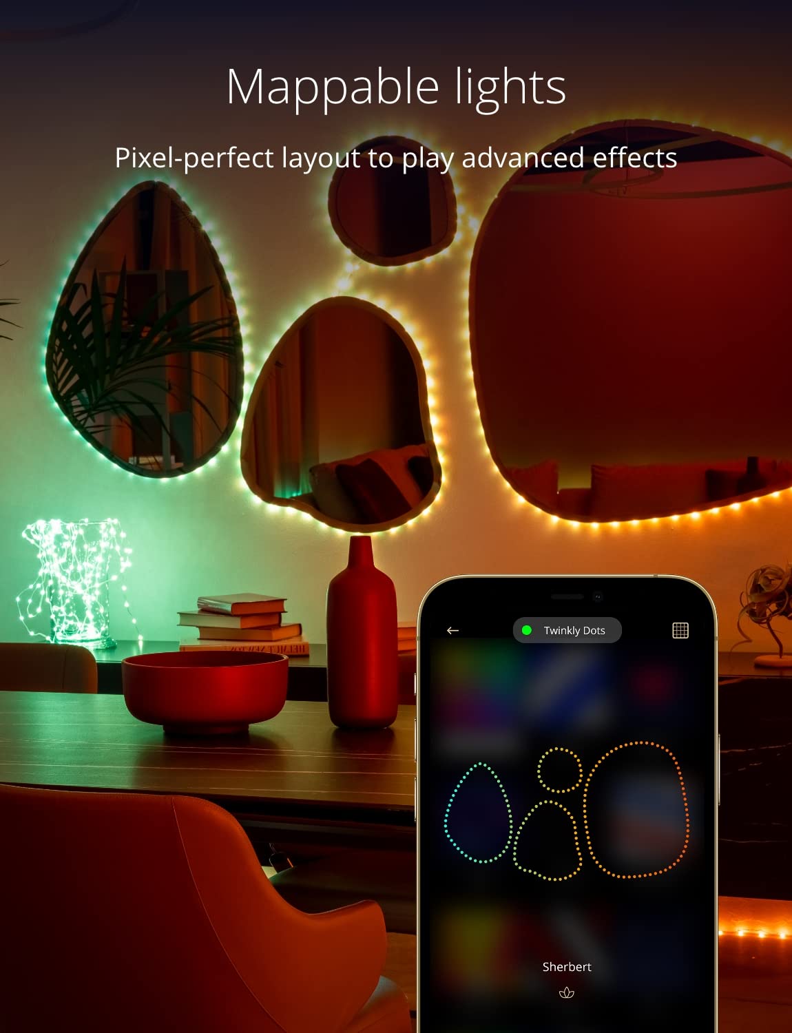 Twinkly Dots 10m, Flexible RGB LED Strip, in- and Outdoor, Compatible with Alexa and Google Home, IP44, 16 M+ Colors, App Control, Black Wire, 200 LED
