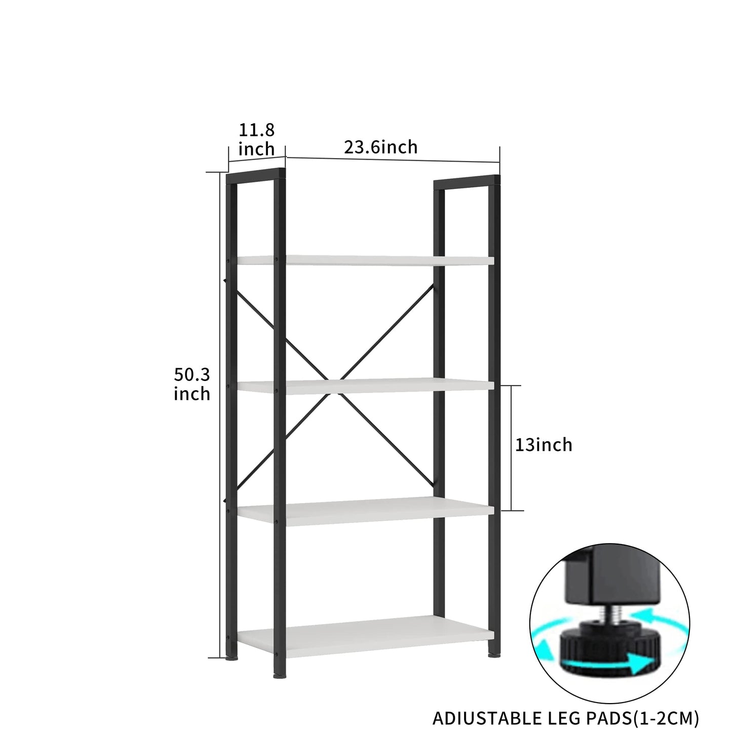 VERMESS Industrial Bookshelf, 4-Tier 24inch White Shelving Unit Wood Bookcase with Open Shelves, Rustic Standing Bookshelves Metal Frame Display Rack