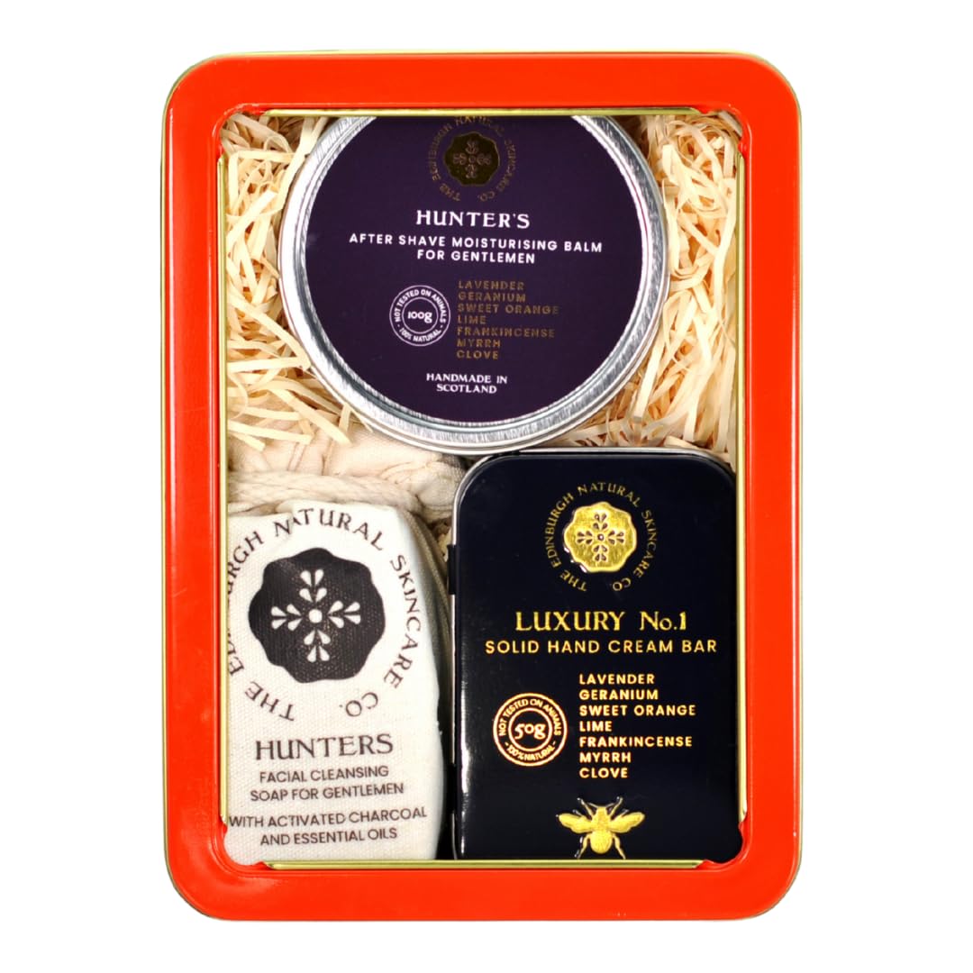 Luxury Gift Box for Men | Hunters Aftershave Balm, Charcoal Face Cleansing Soap & Luxury No.1 Solid Hand Cream Bar | Edinburgh Natural Skin Care |