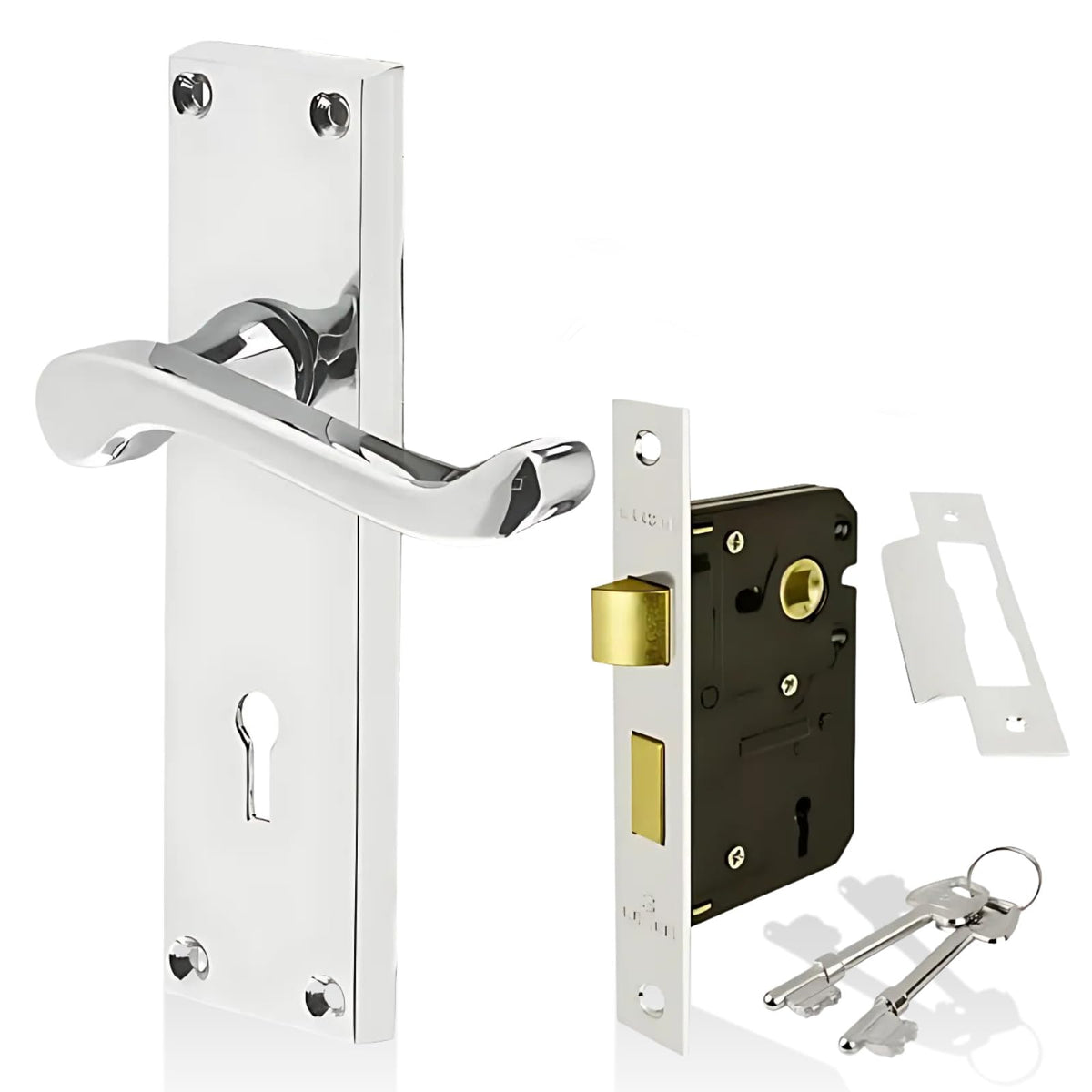 HANDLESTORE Victorian Scroll Locking Lever Door Handle on Backplate ? Polished Chrome Interior Handles with 2.5" Mortice Sash Lock & Screws (Pair)