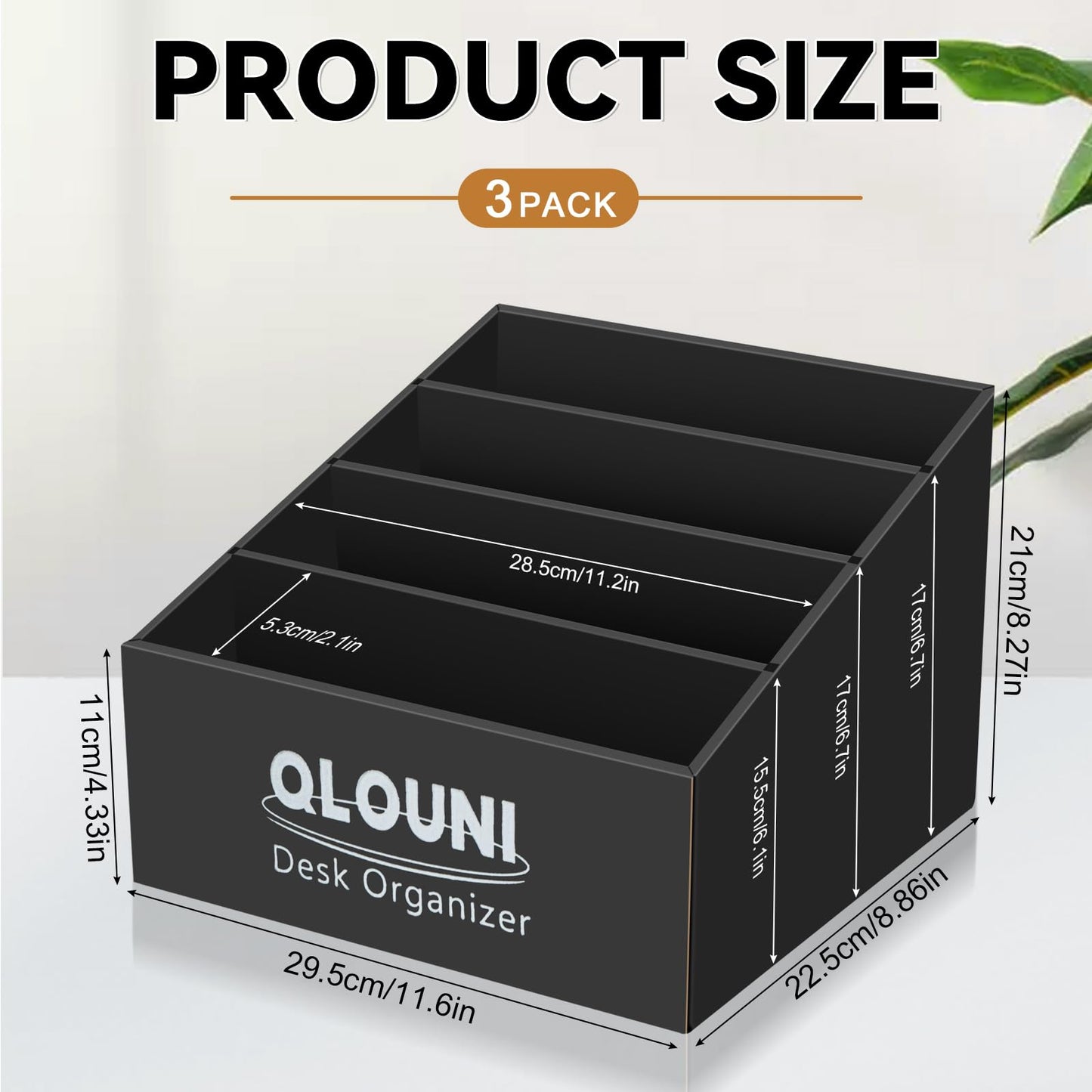 QLQUNI Desk Organiser, 4 Compartment Step Desk Tidy, Black Desktop Storage Box for Letters, Bills, Stationery & Office Supplies