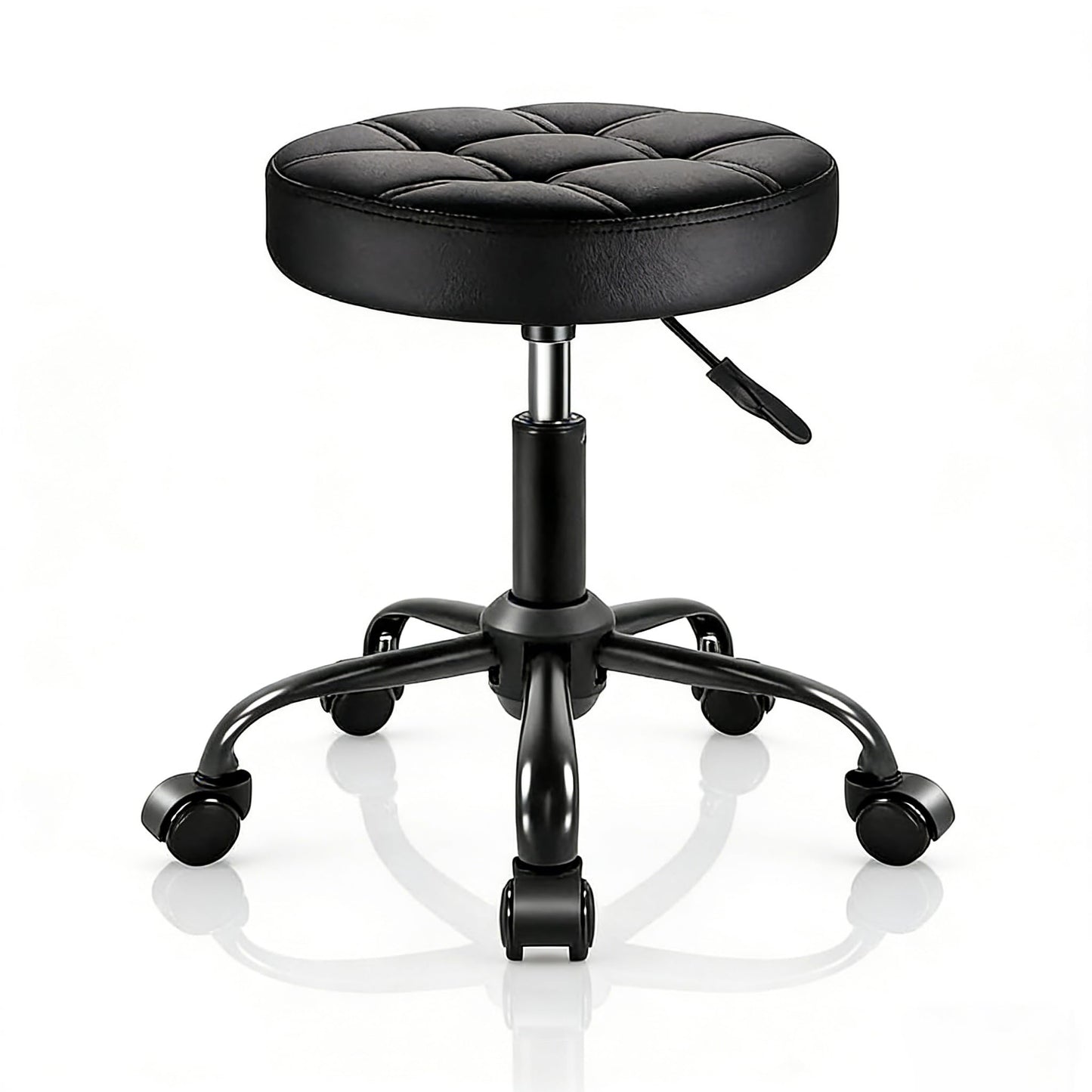 Jconly Round Rolling Stool with Wheels, Black PU Leather Round Office Stool Adjustable Height (46-59cm) Beauty Chair for Home Office Salon