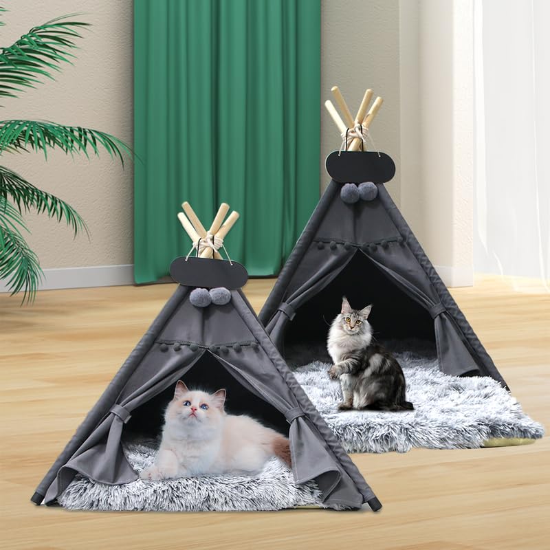 Whiwhi Pets Teepee Dogs Tent with Plush Dog Mat Washable Cats Tents Dog/Cat Bed Luxery Kennels Play House 60x60x70cm