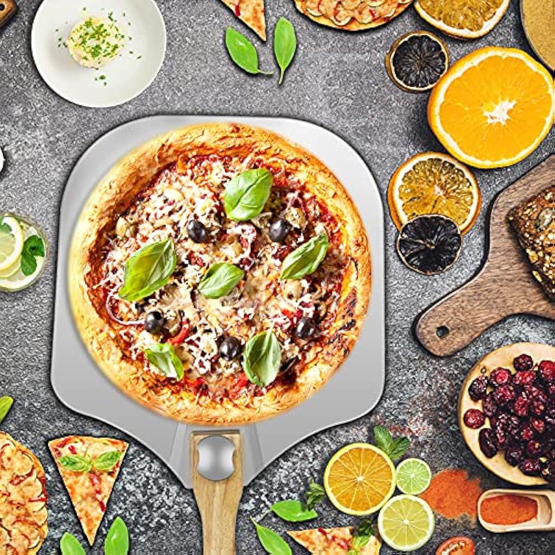 LKE Pizza Peel Aluminum Metal Pizza Paddle with Foldable Wood Handle Easy Storage Pizza Shovel 12 inch for Baking Homemade Pizza
