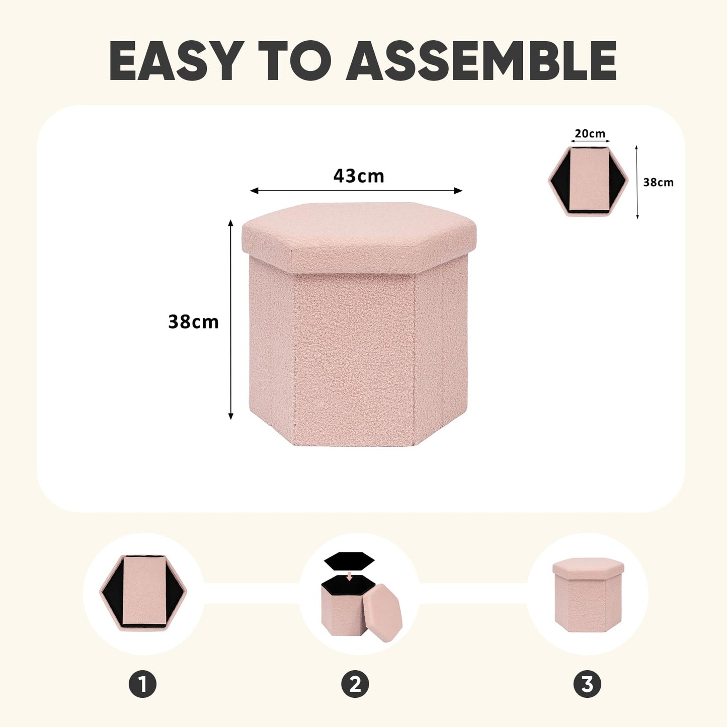 PINPLUS Boucle Ottoman Storage, Hexagonal Foldable Footrest, Pink
