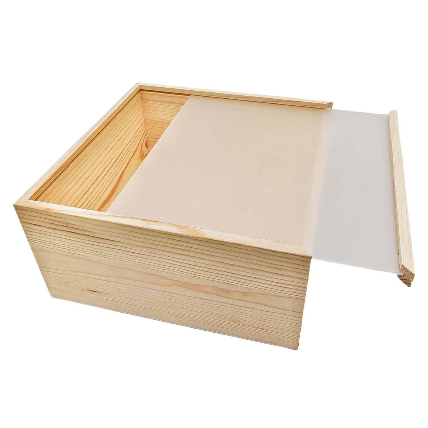 2 Pack Unfinished Wood Storage Boxes with Acrylic Slide Lid, Square Wooden Display Box for DIY Craft Storage and Decorative Organizer (20x20x10cm)