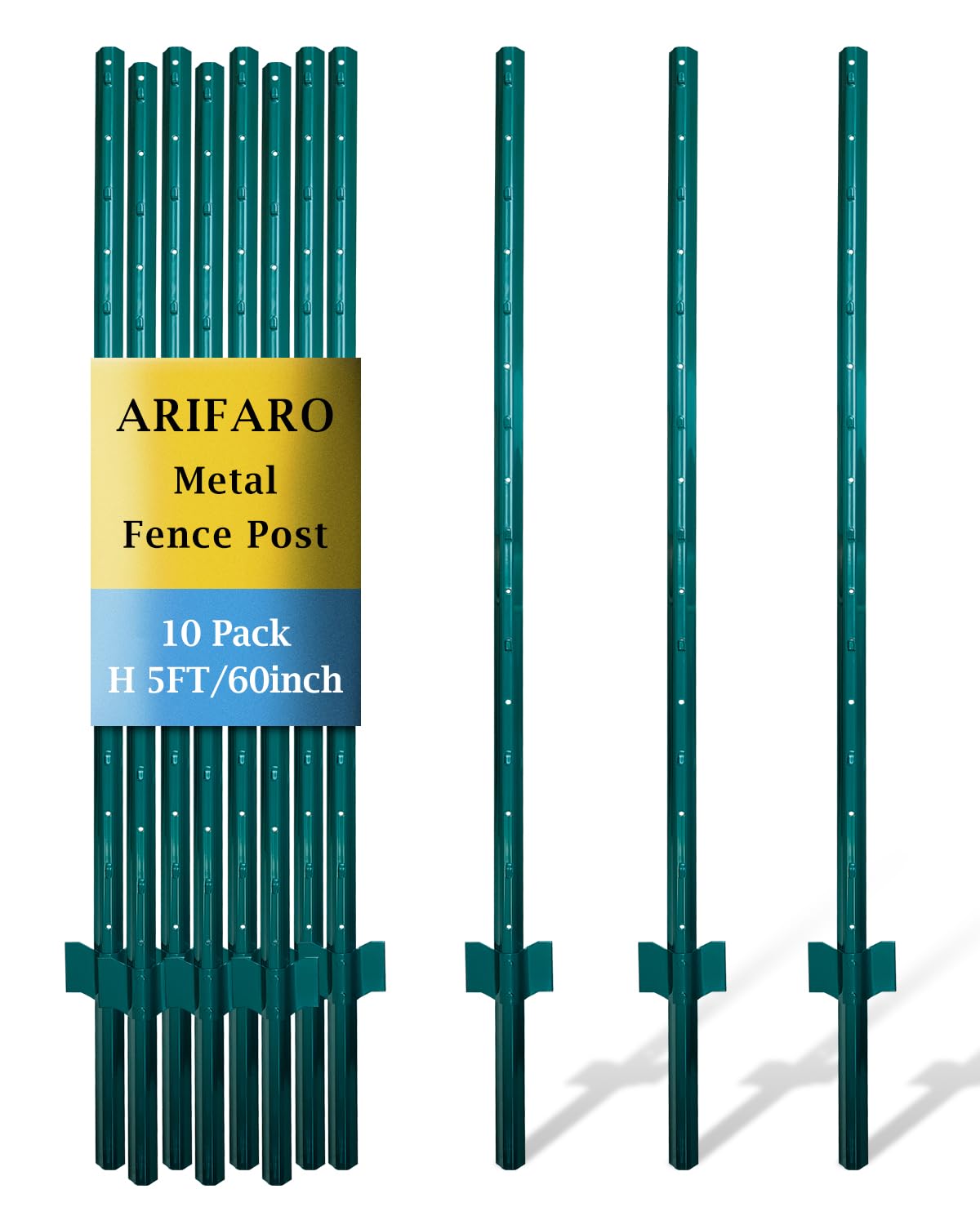ARIFARO Metal Fence Posts 152cm / 5ft, Pack of 10, Sturdy Duty No Digging Garden U Post for Wire Fencing Steel Poles for Yard, Outdoor Wire