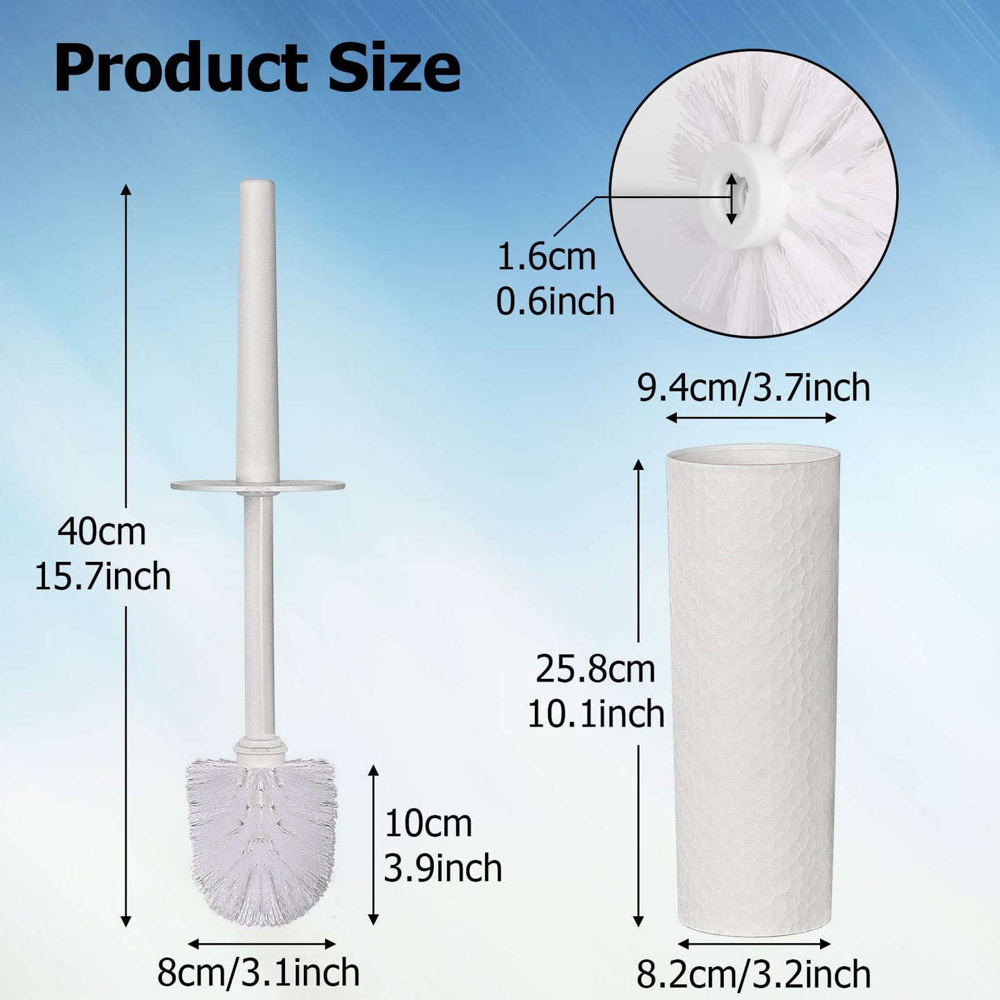 Toilet Brush and Holder Set 2‑Pack, White Plastic Toilet Brushes with 4 Replaceable Brush Heads, Vented Anti‑Drip Base, 360° Soft Dense Bristles