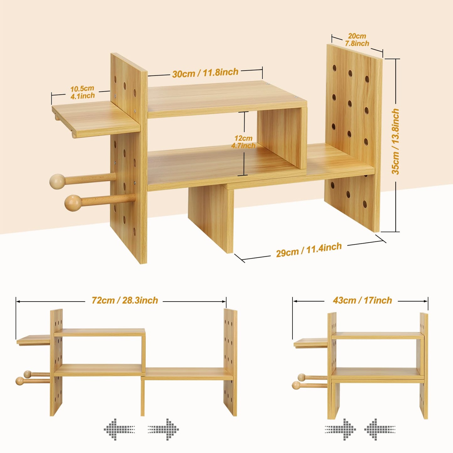 JIIKOOAI Desk Storage Organizer, Desktop Display Shelf Rack, Bamboo Rustic Bookshelf for Office & Home, Expandable Desktop Storage Rack