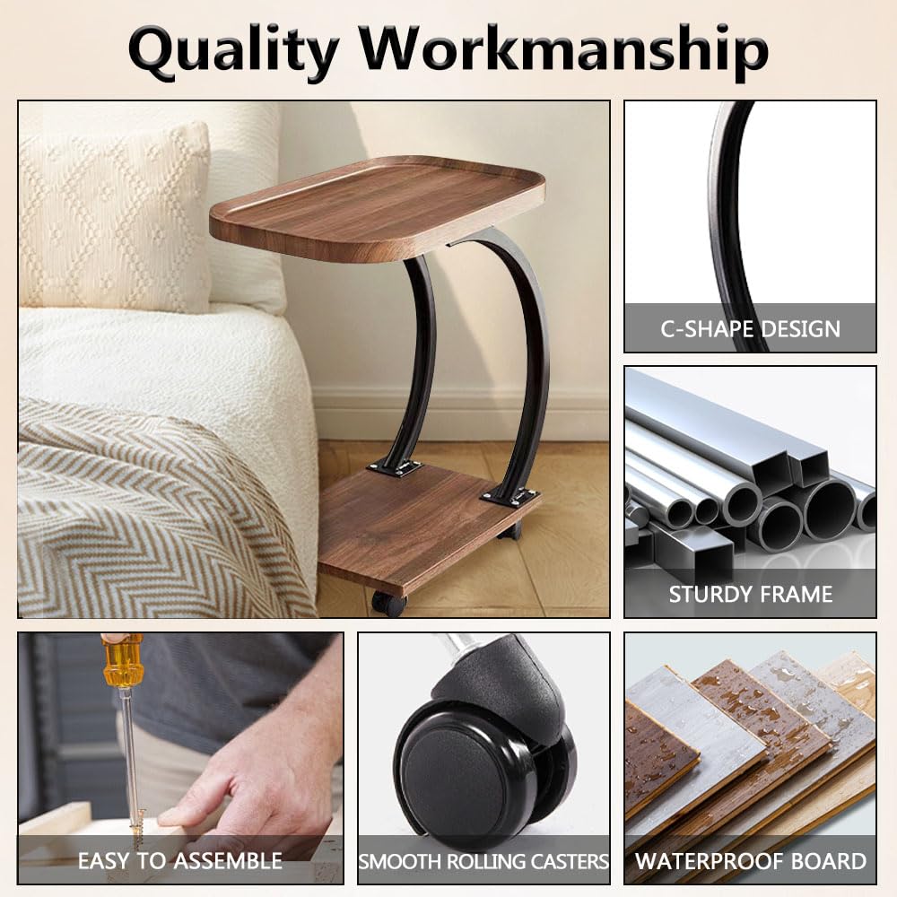 Kiss Me C-Shaped Side Table, Bedside End Table with 4 Wheels, Brown