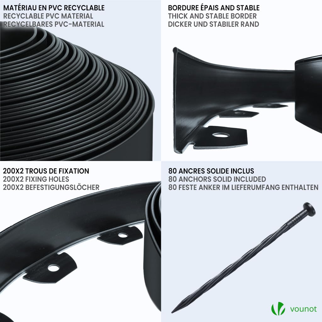 VOUNOT? 40m Flexible Lawn Garden Edging Border, Plastic Grass Path Edging with 80 Reinforced Securing Pegs, Height 5cm, Black