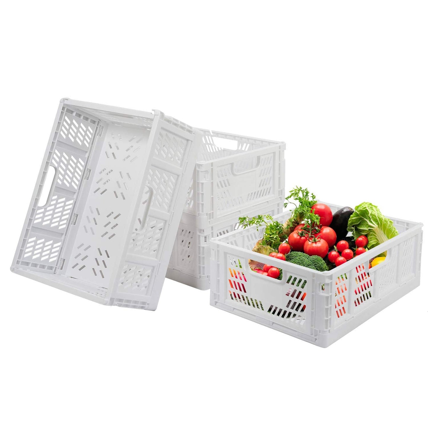 Set of 4 Plastic Foldable Storage Crate Basket Bins Organiser Box for Food Fruit Vegetables Snacks Bottles Toys Toiletries