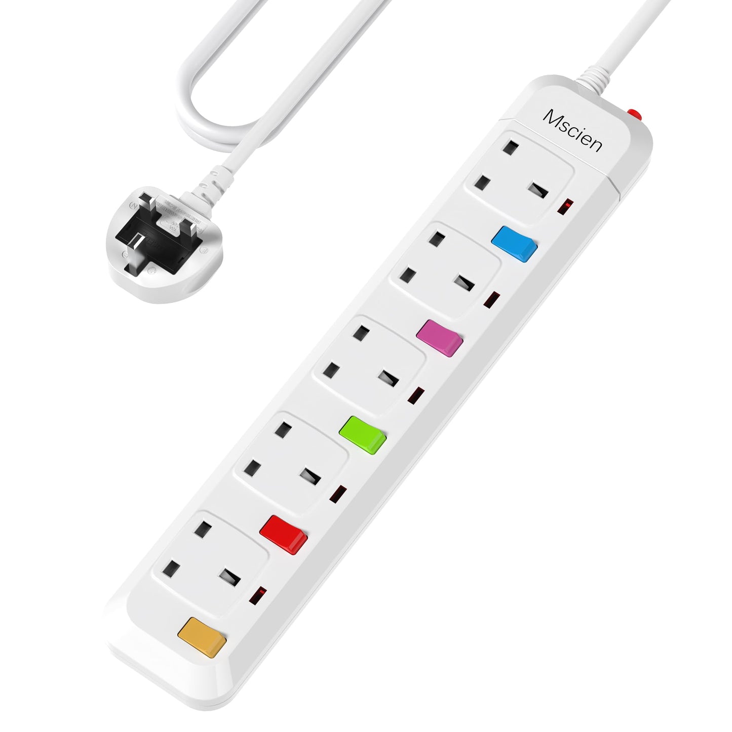 Mscien 1M Extension Lead 5 Way Independent Switch, Surge Protected Extension Lead, UK Power Strip Wall Mountable with 1 Metre Extension Cord, 5 Gang