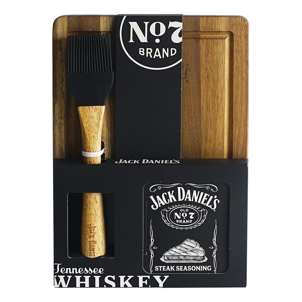 JD's Old No.7 Steak Seasoning, Acacia Wood Board & Food Brush Gift Set
