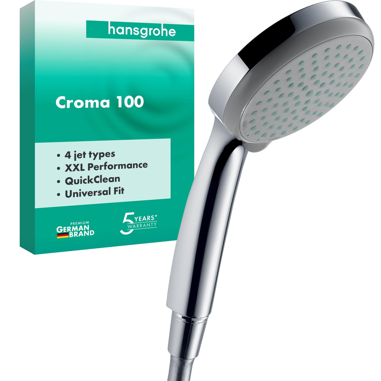 hansgrohe Croma 100 - shower head, hand shower round (? 100 mm) with 4 sprays, with anti-limescale function, chrome, 28535000