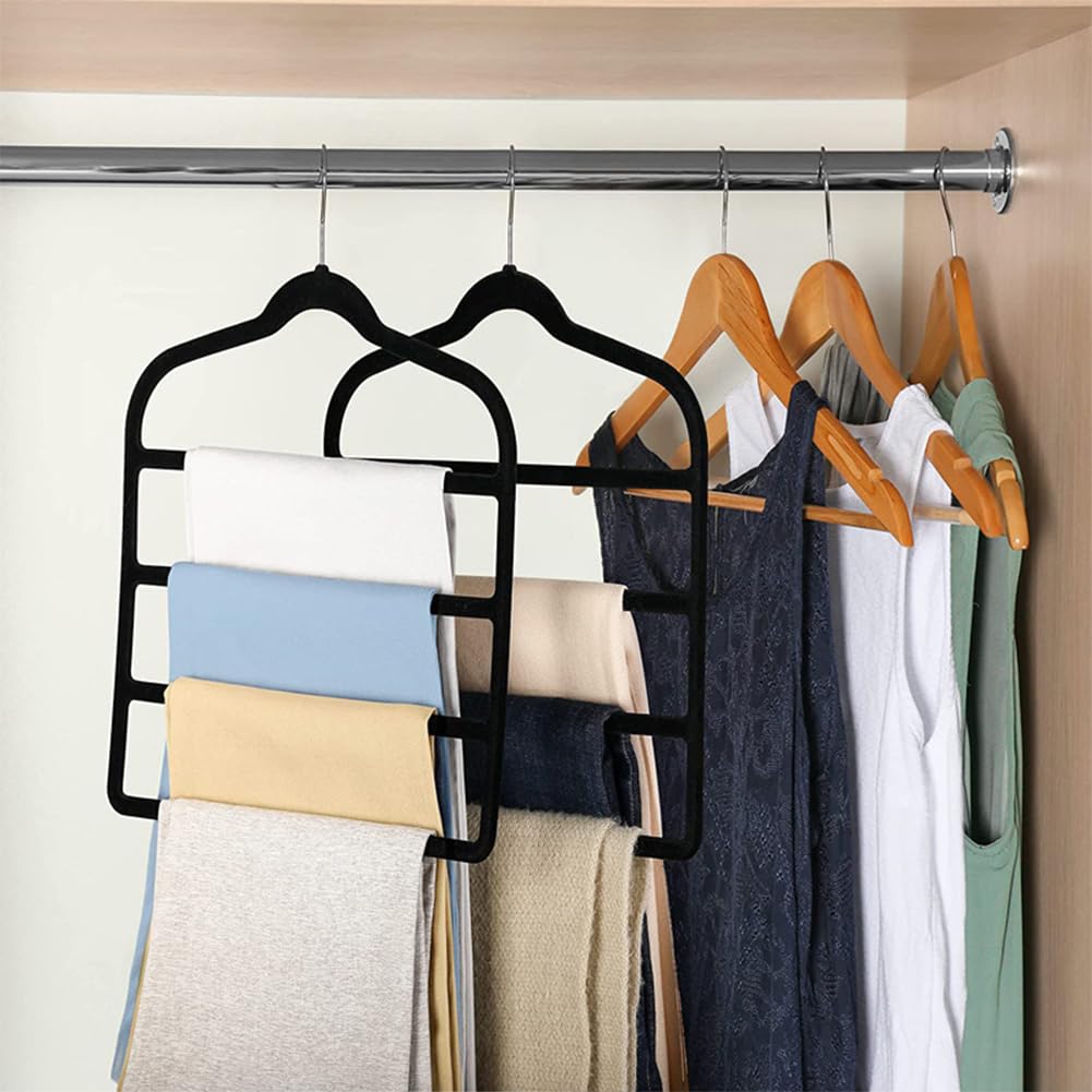 6 Pack Velvet Trouser Hangers, Space Saving Hangers for Clothes, Non-Slip Pants Hanger Jeans Hangers Multi Bar Clothes Hanger Closet Organizers
