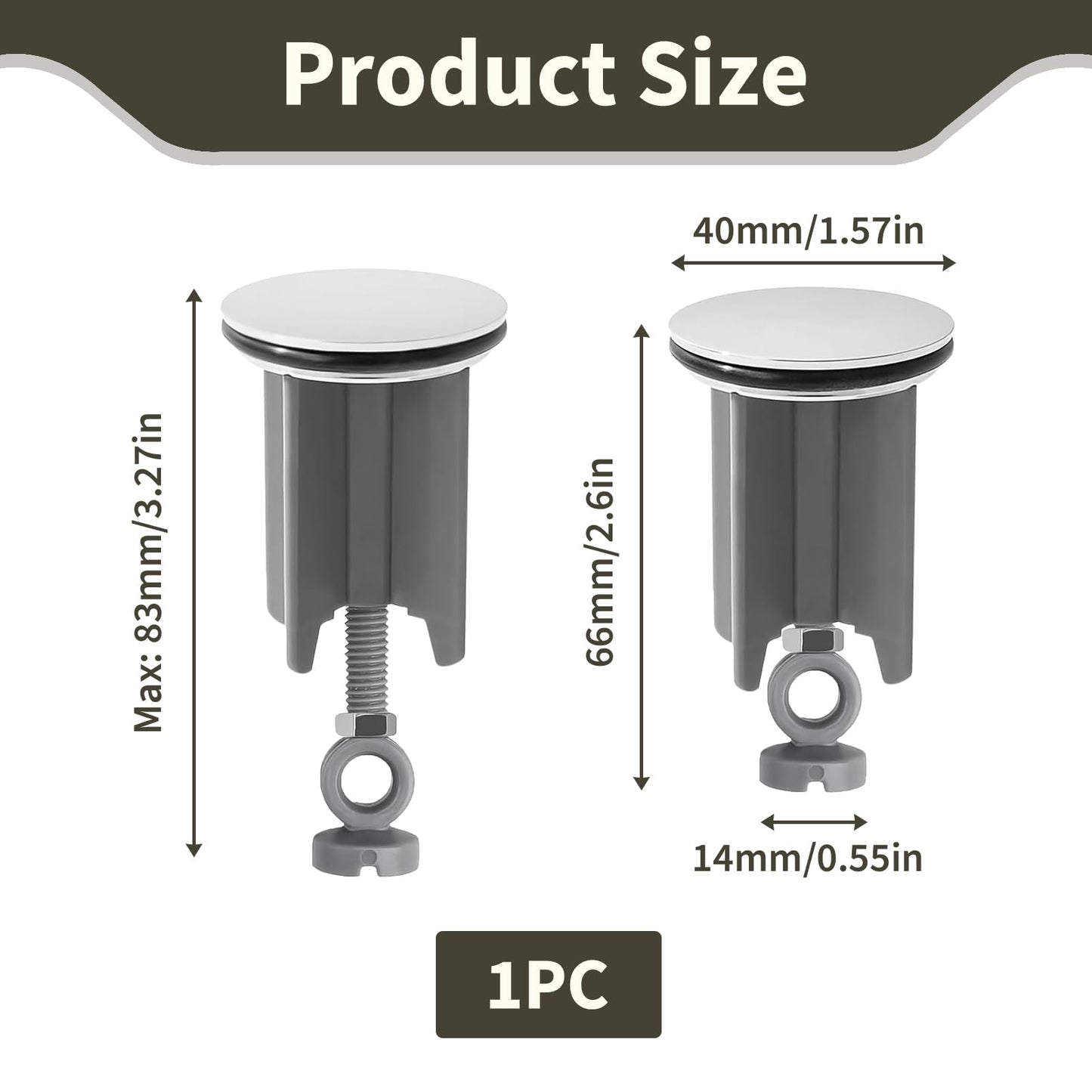 40mm Pop Up Sink Plug Replacement, Adjustable Height Sink Drain Plug 67-83mm Universal Bathroom with Chrome Plated Brass, Waterproof Rubber Sealing