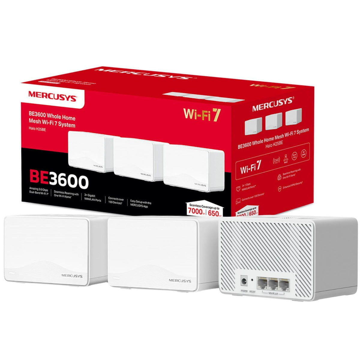 MERCUSYS Halo H25BE(3-pack) BE3600Mbps Whole Home Mesh WiFi 7 System, 3x Full Gigabit WAN/LAN Ports, 4K-QAM, MLO, Multi-RUs, Dual-Band WiFi Extender