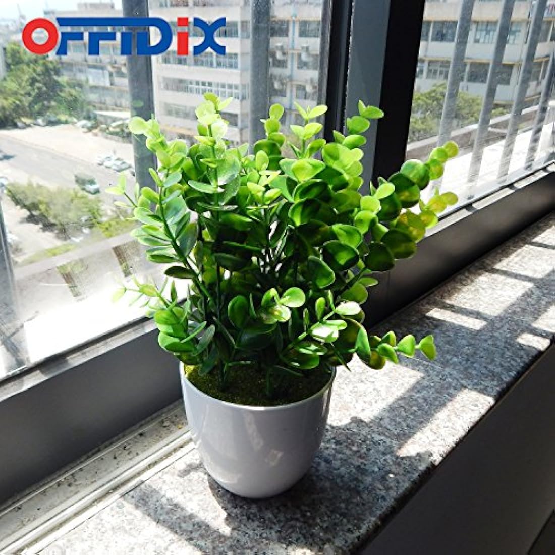OFFIDIX Mini Plastic Eucalyptus Artificial Plants with Vase for Office desk, home and friends’ gift Fake Plant with Plastic Pots for Home Decoration (White)