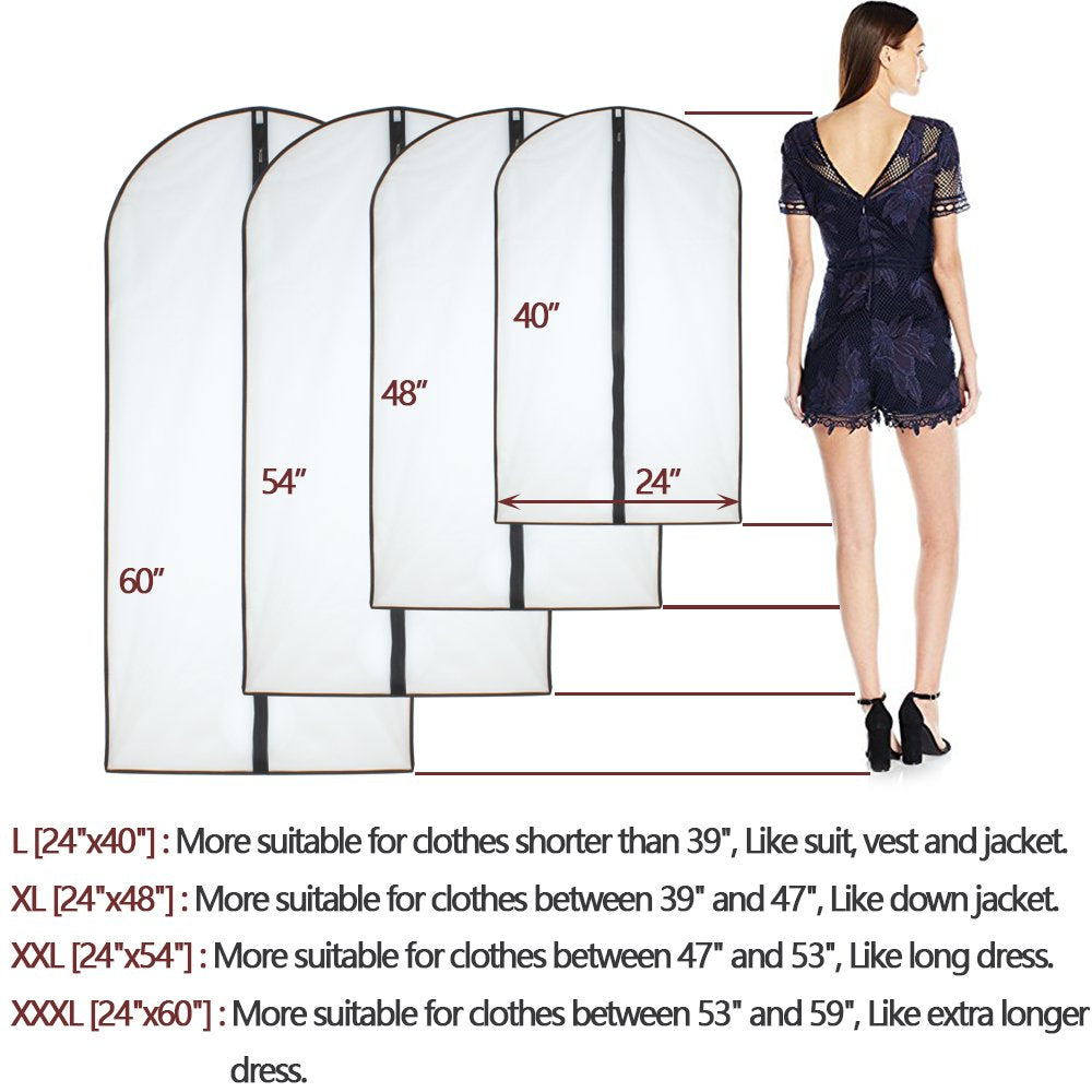 HomeClean Moth Proof Garment Bags 60 x 153cm(24'' x 60'') Black Side Breathable Clear Full Zipper Bags for The Much Longer Wedding Evening Dress