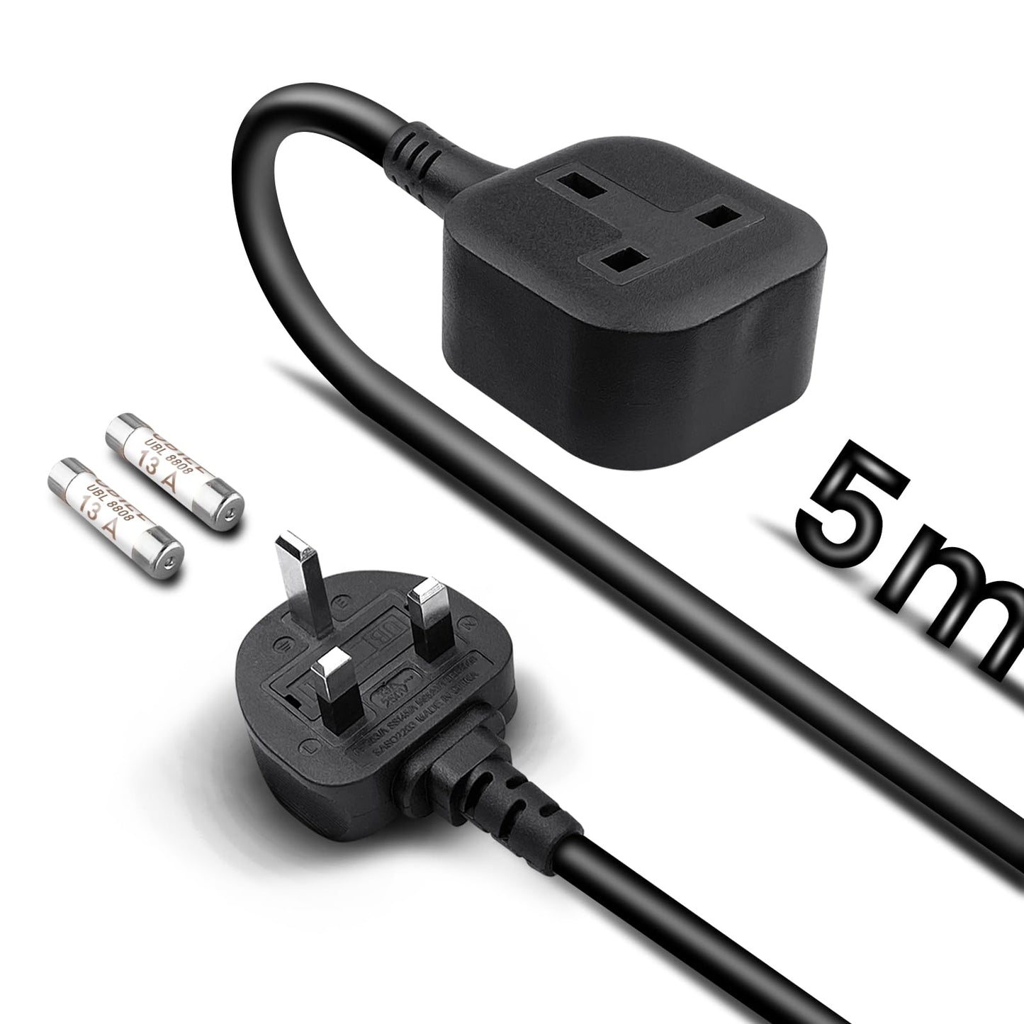 Single Plug Extension Lead 5m, 1 Gang Socket Surge Protected with 2 Replacement Fuses, 13amp 3kw 230V for Tumble Dryer, Black