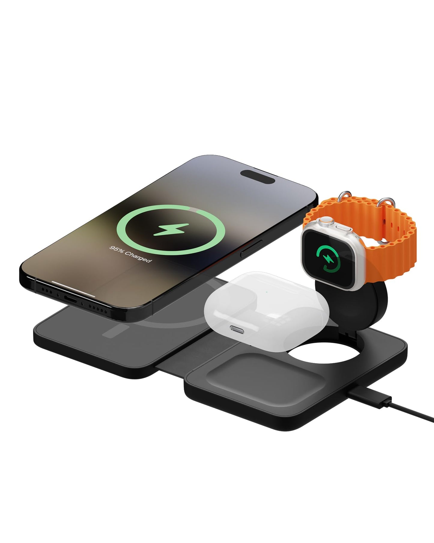 Mous - 3 in 1 Wireless Charger - Travel Charger for Multiple Devices - MagSafe Compatible for iPhone 17/16/15/14/13/12, Pixel 10, Apple Watch and