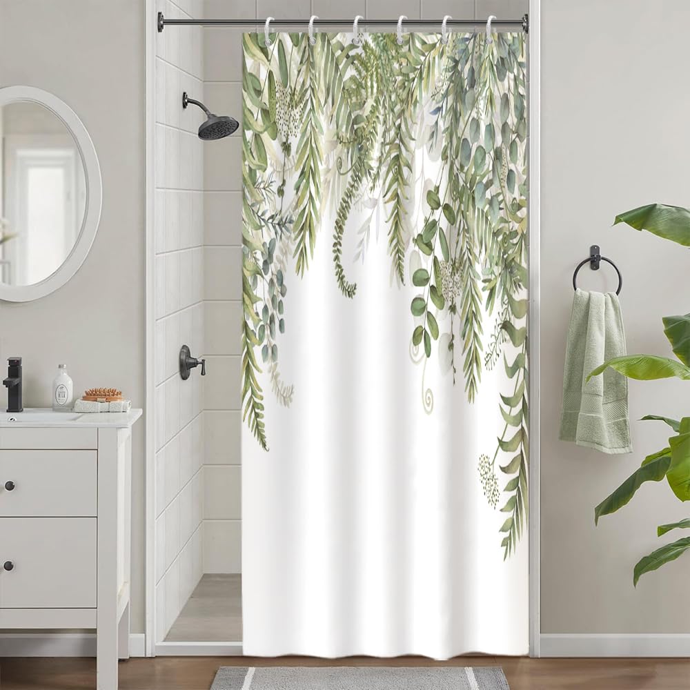 Green Eucalyptus Stall Shower Curtain, Uiiooazy Sage Green Leaves Pattern Bath Curtain Mildew and Mould Resistant Waterproof Polyester Fabric Washable