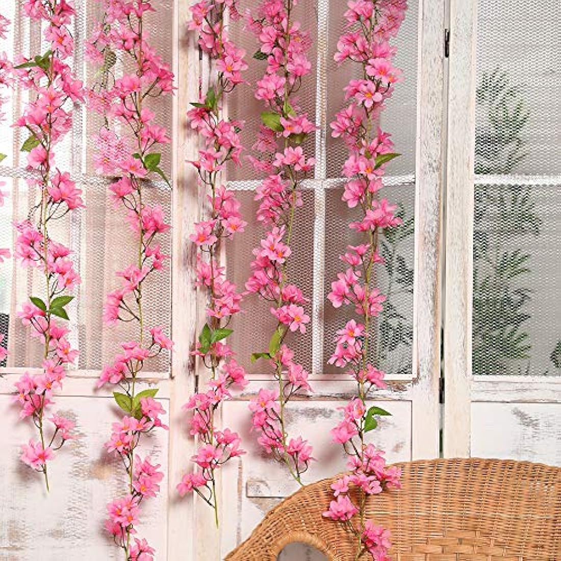 JUSTOYOU 2 Pcs 5.7FT Artificial Flowers Cherry Blossom Sakura Hanging Vine Fake Sakura Garland Fake Oriental Cherry Wreath Home Garden Party Wedding Decor（Rose Red）