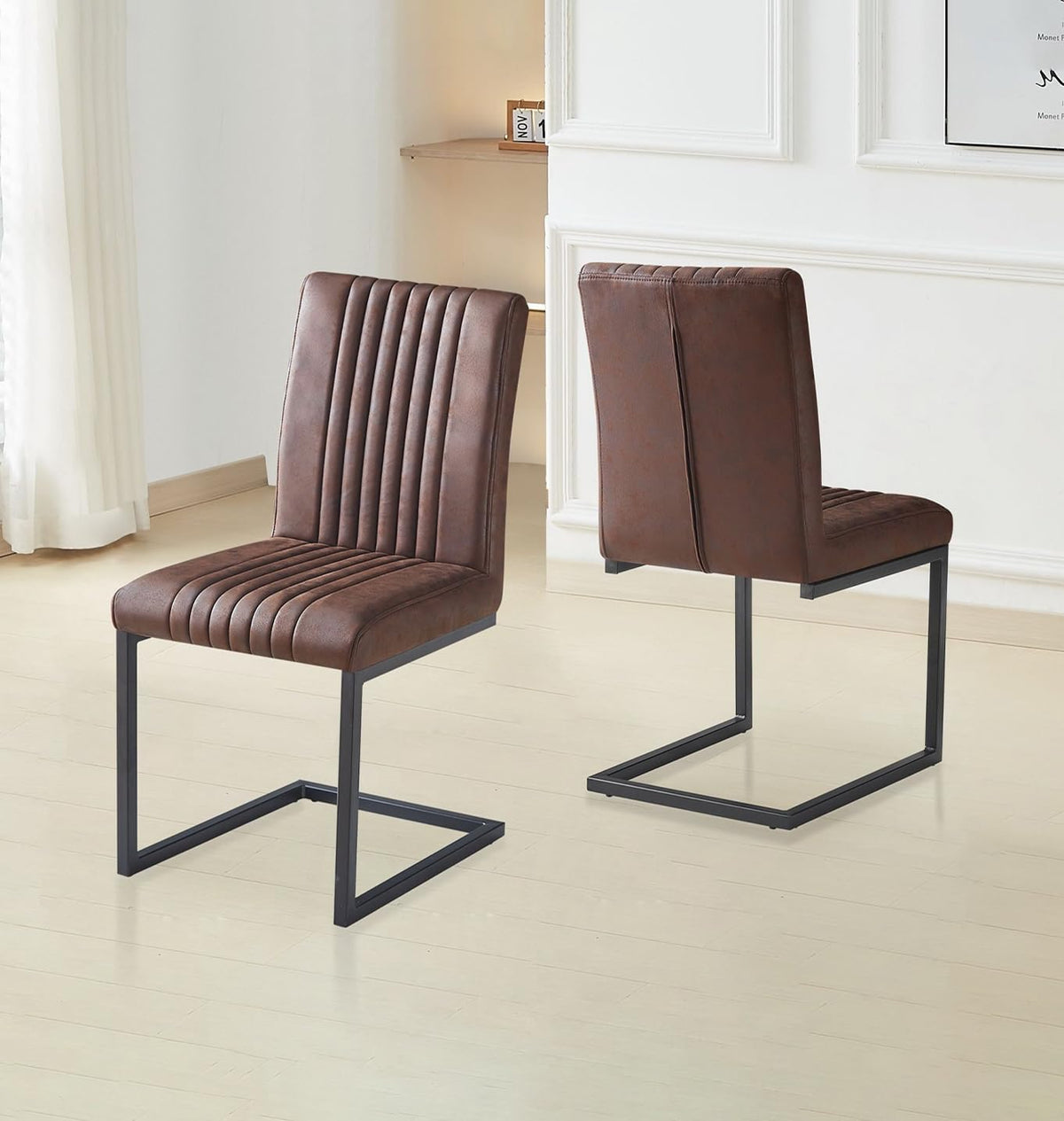 Hallowood Furniture Cullompton Set of 2 Brown Faux Leather Dining Chairs with Black Legs, Stylish and Modern Brown Cantilever Chair Perfect for Home,