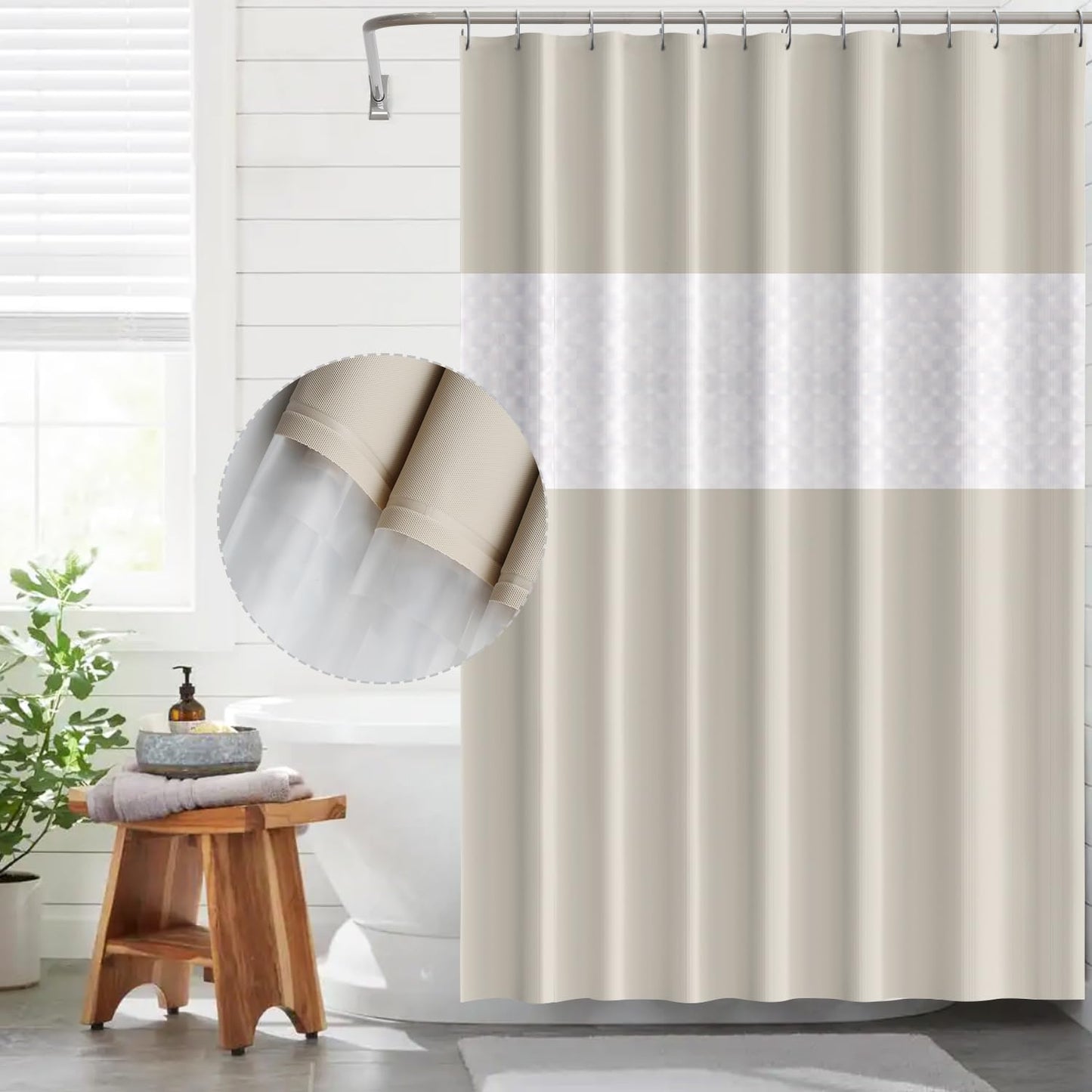 Funria Shower Curtain Beige Bathroom Curtains Waterproof Semi Transparent Wet Room Bath Curtains with Hooks Bathroom Accessories Long Shower Curtain