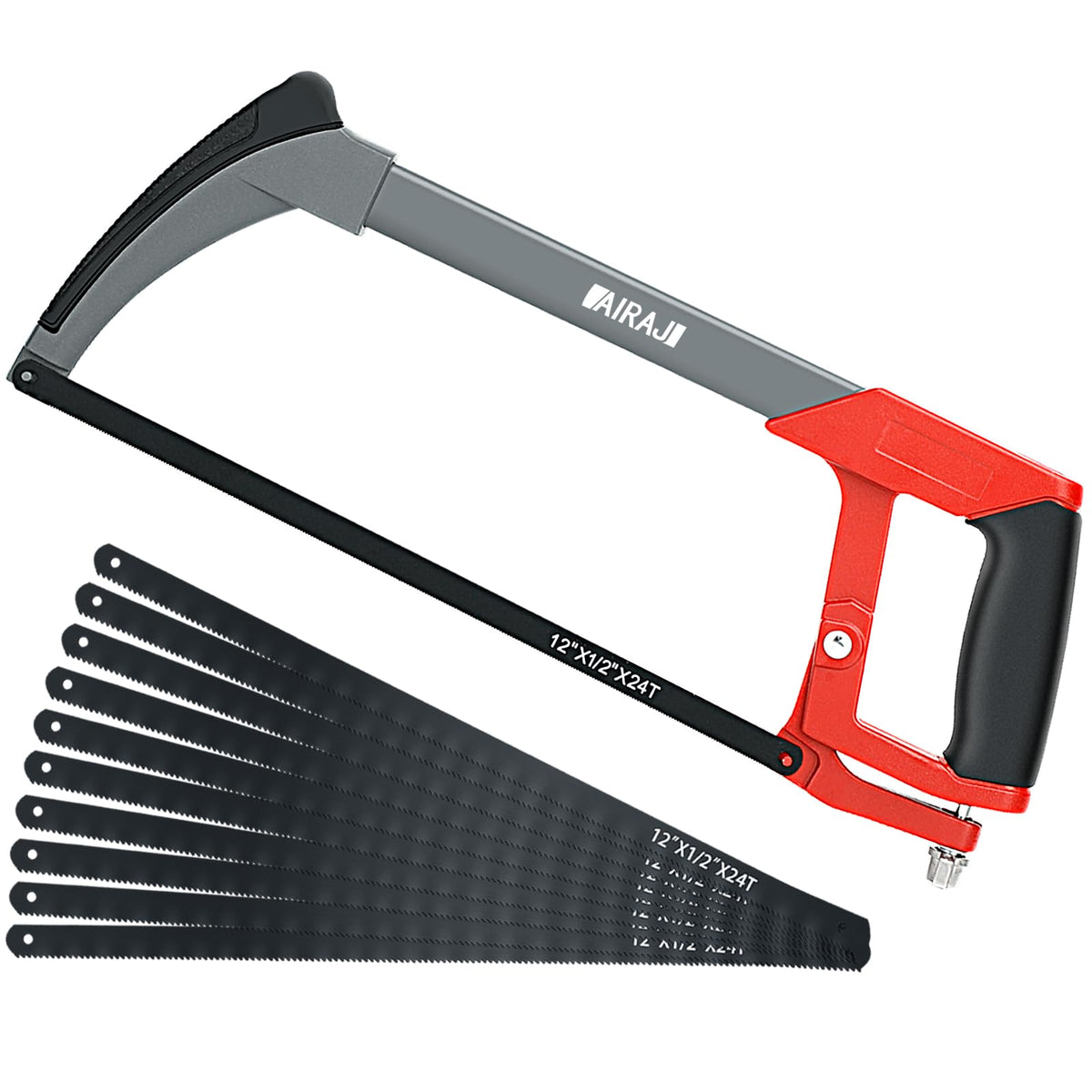 AIRAJ Hacksaw Frame 300MM,Hand Hacksaws with 10 Spare Blades,Professional High-Tension Hacksaw for Metal,Wood,Steel,PVC Pipe,Frozen Meat,45?&90? Two